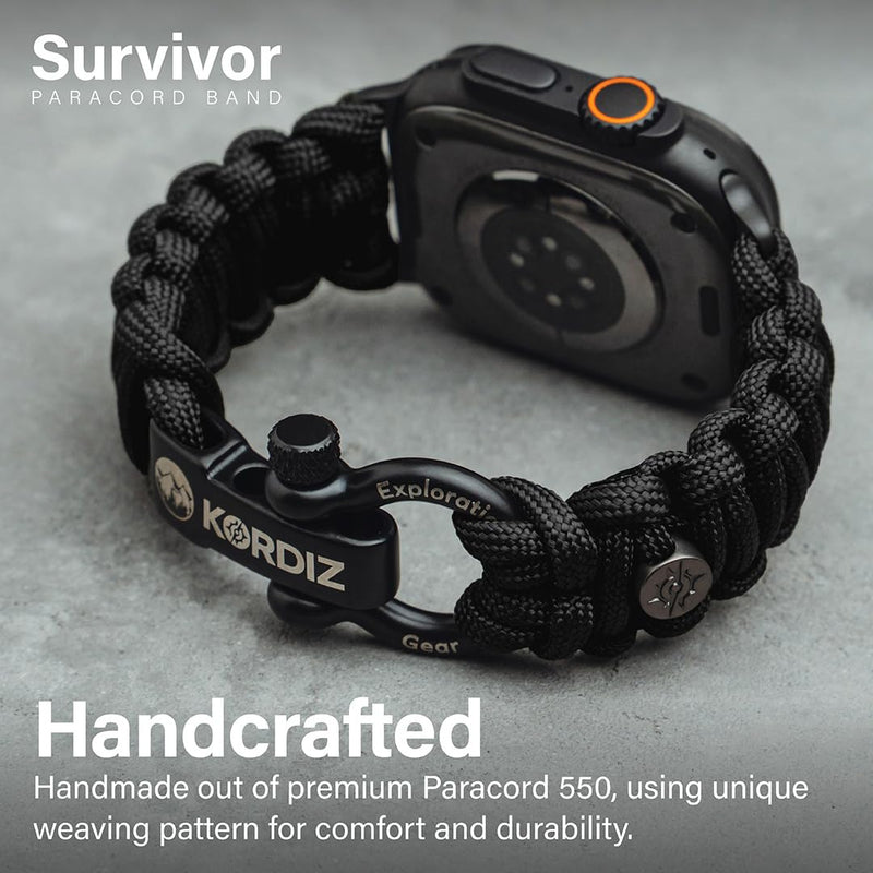 KORDIZ Survivor - Nylon Paracord Apple Watch Band Compatible with Apple Watch ULTRA 3, ULTRA 2 / 1 [49mm] & Series 11, 10, 9, 8, 7-1, SE3, SE2, SE [46mm 45mm 44mm 42mm] - with Stainless Steel Adjustable Shackle Black - Ultra 49mm Black Medium