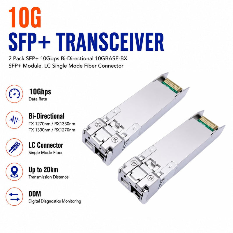Elfcam® - 1 Pair 10Gb SFP+ BIDI Transceiver Module with LC/UPC Fiber Port Simplex Singlemode SM, DDM 20KM, Compatible with Cisco, Ubiquiti, Mikrotik, D-Link and Open Switch 10G Bidi 20km LC/UPC (1 Pair)