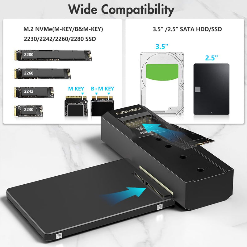 M.2 NVMe SSD Enclosure Adapter, 10Gbps SATA & M.2. NVMe Dual Bay Offline Clone USB-C Adapters Supports 3.5"/2.5" SATA SSD, Type-C Standalone Clone Duplicator Solid State Drive