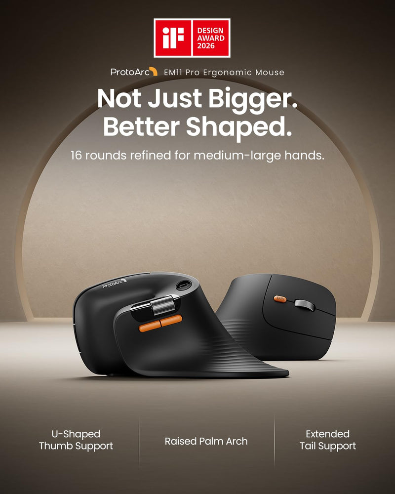 ProtoArc EM11 Pro Vertical Mouse with Side Scroll and 6 Programmable Buttons for Medium to Large Hands Black and MP50 Ergonomic Mouse Pad with Wrist Rest Black