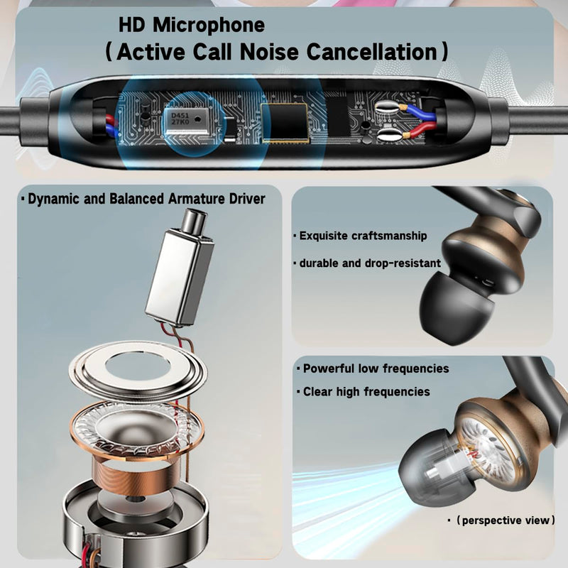 Dynamic Balanced Deep Bass Wired Headphones-Call Noise cancelling Earbuds | Dual-Driver Bass Boost ear bud Wired, In-Ear Noise Isolation-Clear Call and High-Resolution Audio,Noise Cancellation USB C+3.5mm