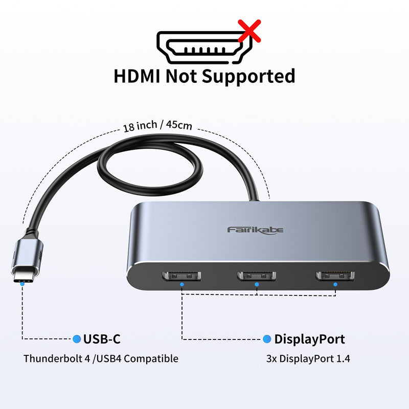 fairikabe USB C Hub with 3X DisplayPort 1.4 Triple Monitor 4K@60Hz, USBC to DisplayPort Splitter MST Hub for Windows Only, Compatible with Thunderbolt 4, USB4