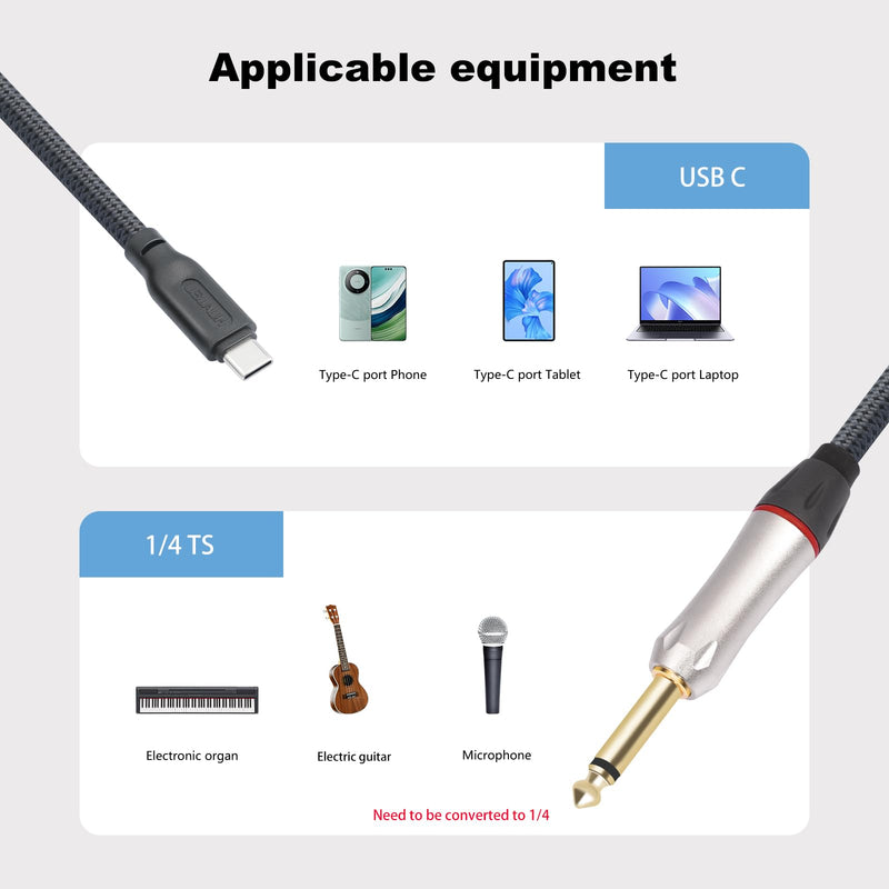 6.6Ft 1/4 to USB C Electric Guitar Recording Cable, USB C to 1/4 TS Electric bass Guitar Cable for Recording, Electric Guitar 1/4 TS 6.35 mm Male Jack to Computer, Smartphone 6.6Feet