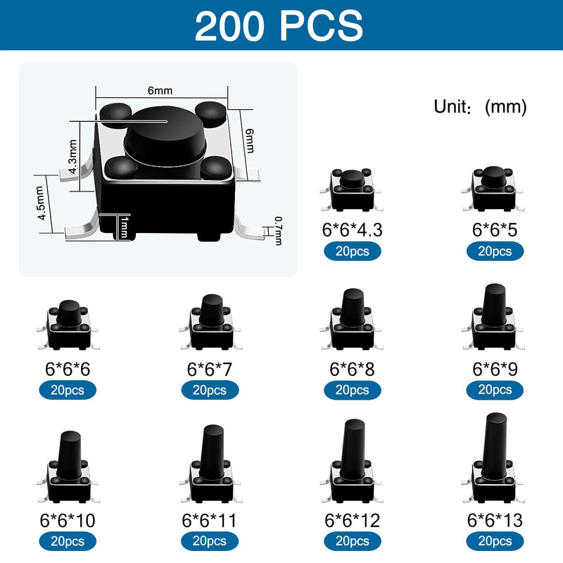 VooGenzek 200 Pieces 10 Values Micro Momentary Tactile Push Button Switch, 6 x 6 mm Tactile Push Button Switch, Button Micro Tactile Switch Kit, Black 6x6mm - Black - 200pcs