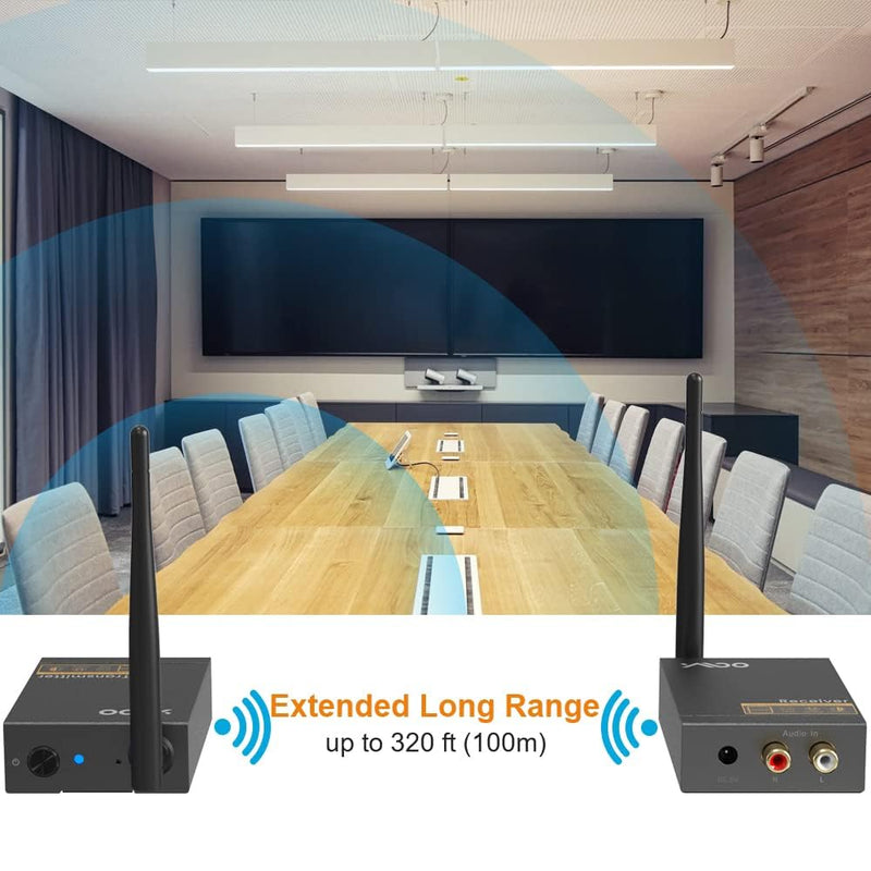 YMOO 2.4Ghz Wireless Audio Transmitter Receiver,48kHz/24bit HiFi Audio,20ms Ultra Low Latency,320ft Long Range RCA Jack Adapter for Speaker/soundbar to TV/PC/CD Player/Computer/Projector RT5066