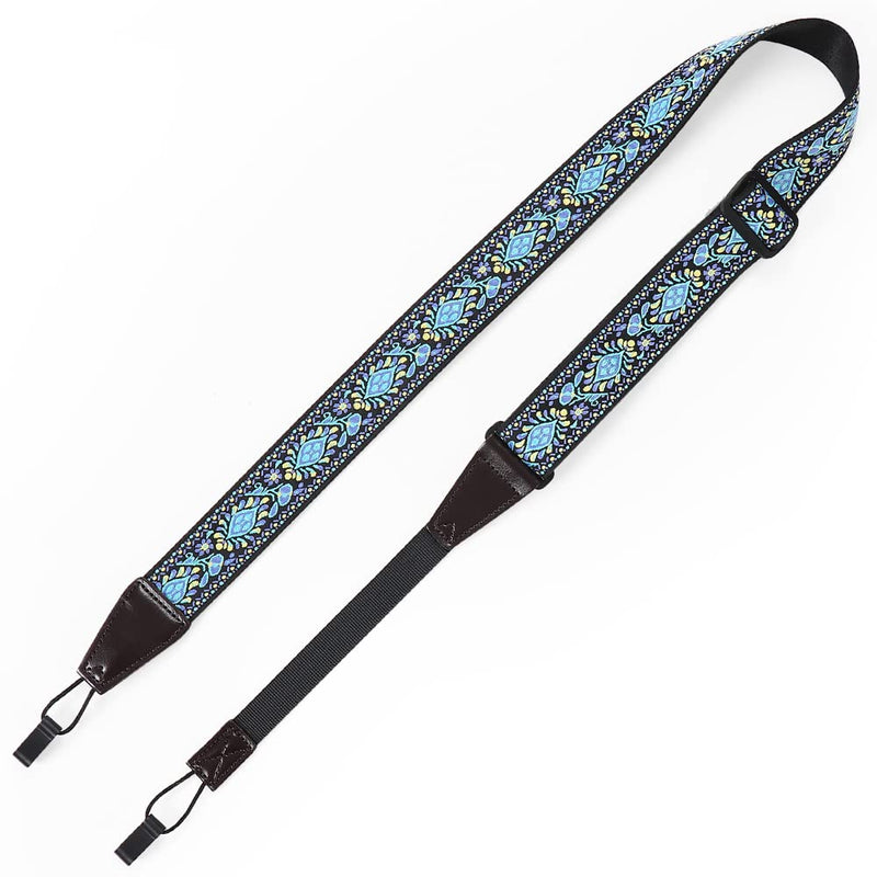 Ukulele Strap No Drill, Adjustable Double J Hook Clip on Uke Shoulder Strap, Hawaiian Jacquard Blue Flower Hands Free Ukelele Strap, Easy to Use and Fit Most Standard Uke Sizes Jacquard Blue Flowers