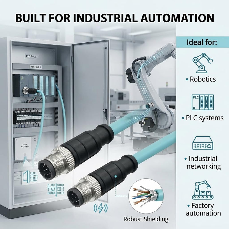 M12 to M12 Cat7 Ethernet Cable, 10Gbps Gigabit, IP67 Rated Waterproof Dustproof, Flexible PUR Jacket for Industrial Automation, Robotics (8 Pin A-Code Male to Male, 10 Meter) 8 Pin A-Code Male to Male