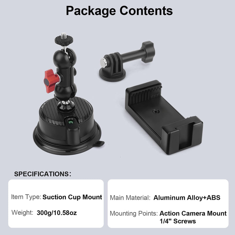 Suction Cup Car Mount with Phone Holder,360°Adjustable for Action Cameras & Smartphones,Windshield,Dashboard,Boat Mount for GoPro Hero 13/12/11/10,DJI OSMO Action,Insta360 X4/X3,and More