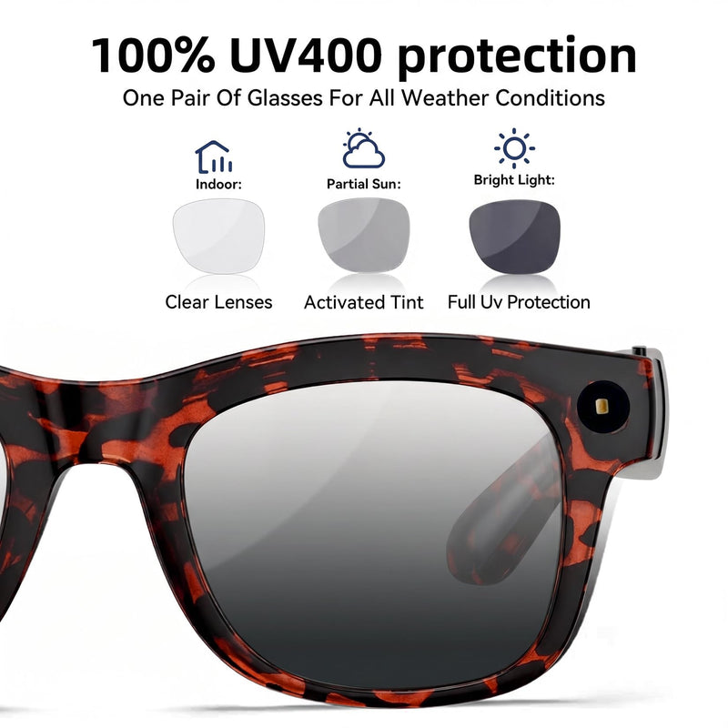 AI Smart Glasses with HD Camera, BT Call, 8MP Anti-Shake Camera Glasses with 1080P Video Recording Dual Mic, Simultaneous Interpretation/GPT Identify Objects, Photochromic Lens Leopard Print