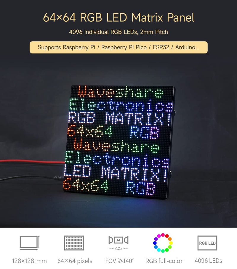 waveshare RGB Full-Color LED Matrix Panel, 2mm Pitch, 64×64 Pixels, Adjustable Brightness, Compatible with Raspberry Pi 5/4B/3B/Zero/Zero W/Zero 2W/Pico/Pico W/Pico WH