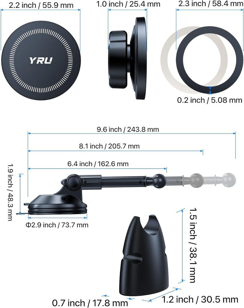 YRU Upgrade【80+LB Super Suction】Magnetic Phone Holder Car for MagSafe Mount | 【2800gf Magnet & Alloy Metal Arm】Patented Dash Windshield Vent CellPhone Cradle for iPhone17 16 Pro Max Samsung Truck, Black