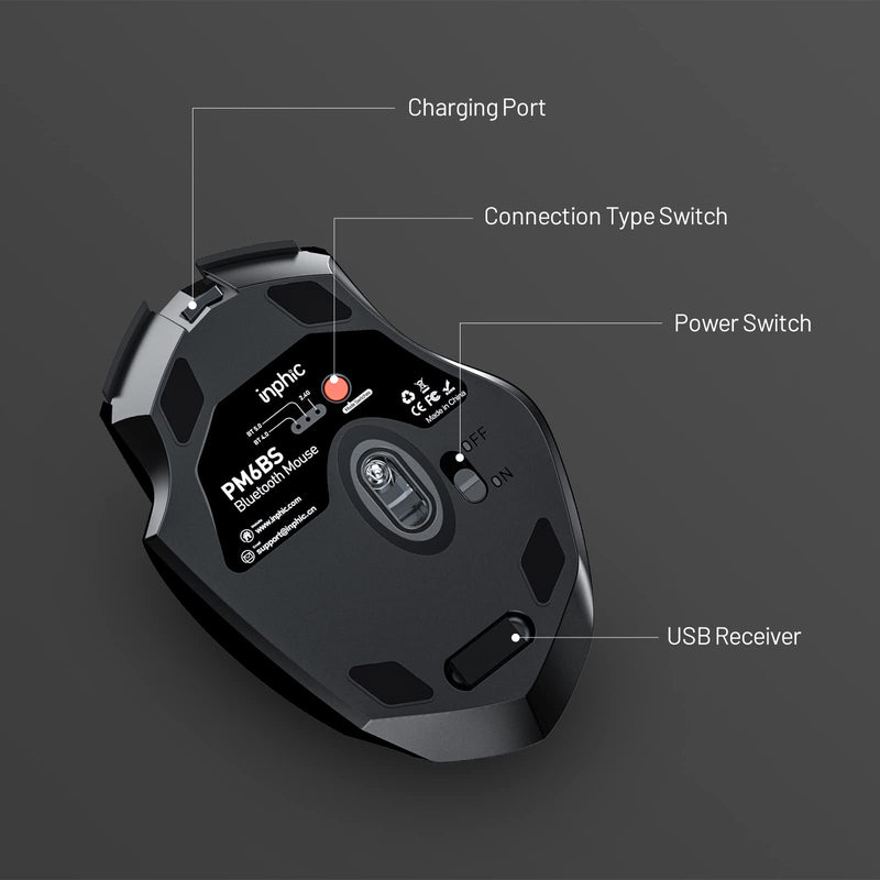 INPHIC Mouse, 3 Modes Bluetooth 5.0&4.0 Mouse 2.4G Rechargeable Wireless Mouse with 6 Buttons, Ergonomic Computer Mouse for Laptop, Mac, PC etc. Black