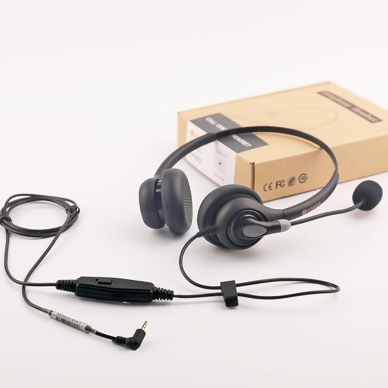 [AUSTRALIA] - Arama Cordless Phone Headset with Microphone, 2.5mm Jack Telephone Headset for Office Landline, Noise-Cancelling Mic & Volume Control, Wired Headphones Compatible with Panasonic AT&T Vtech Uniden Black 