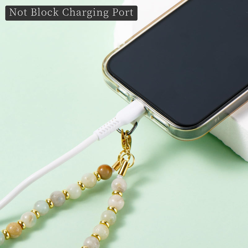 Phone Charm with Beaded Marble, Cell Phone Lanyard with Tether Tab, Phone Chain Strap, Hands-Free Wrist Strap, Phone Strap for Women Compatible with iPhone 14 Pro Max/ 13 Pro Max/ 12 Pro Max/(Green) Green Natural Stone