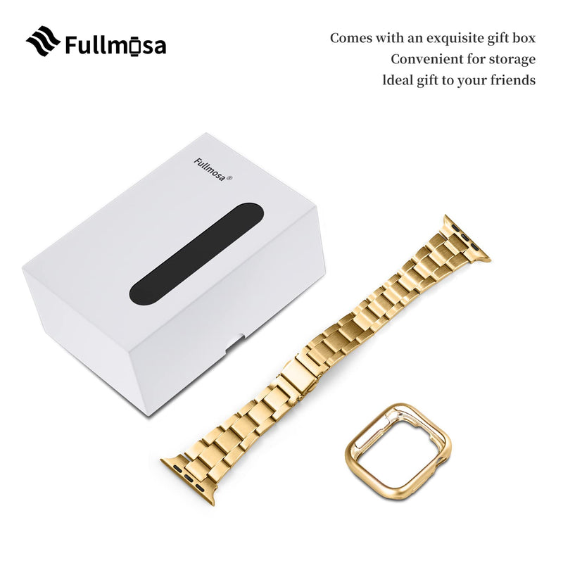 Fullmosa No-Tool Needed Band Compatible Apple Watch Band with Case 49mm 45mm 44mm 42mm Golden & Stainless Steel iWatch Band with Case 42mm 44mm 45mm Black
