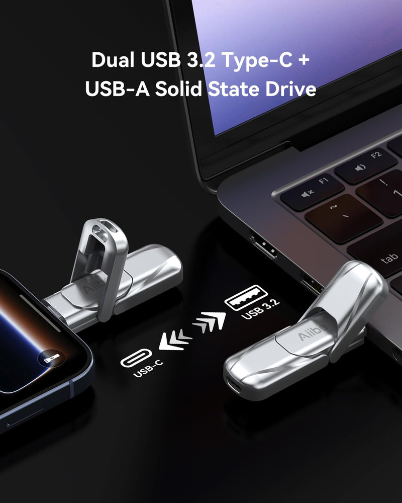 Aiibe 64GB External Solid State Drive up to 450MB/s USB C Solid State Drive USB 3.2 Gen 1 Metal Type C + A Portable SSD for iPhone 15/16/17 Series Android Smartphones Tablets Laptops 64.0 GB