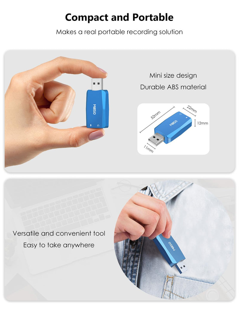 MillSO External USB Sound Card with Internal Recording Function, Portable USB to 3.5mm Audio Jack Adapter for PC, Computer, Recording, Training, Streaming, Podcasting - Blue