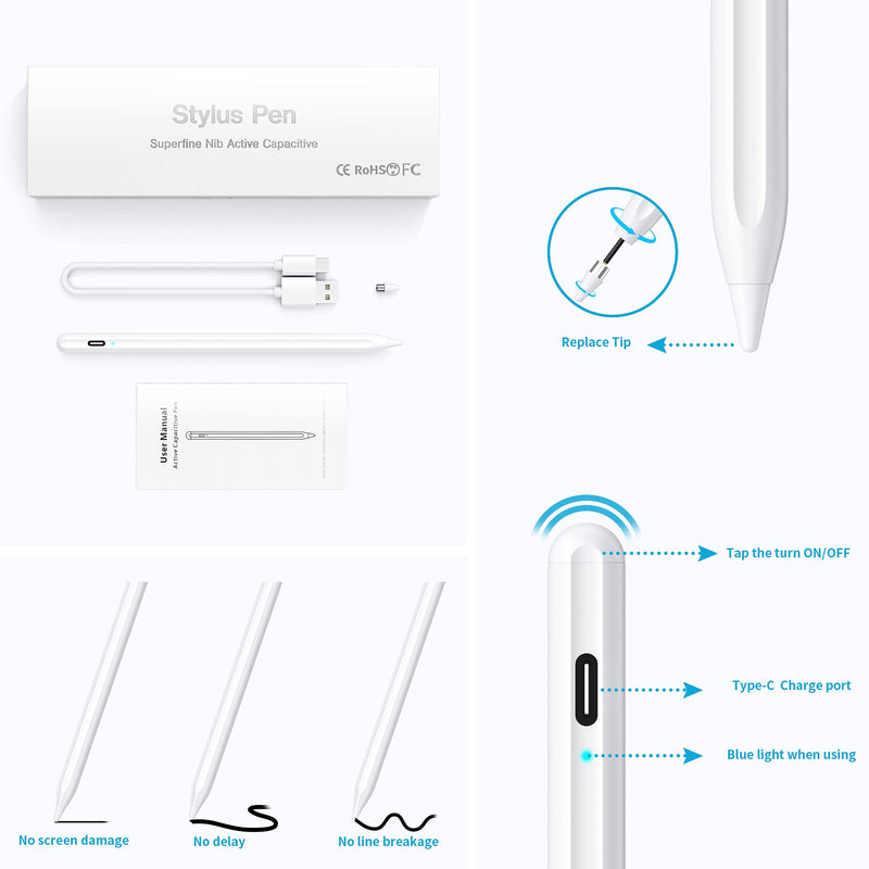 Stylus Pen, Active Stylus Pen Compatible for iOS and Android Touchscreens/Phones, Rechargeable Stylus Pen with Dual Touch Screen , Stylus Pencil for Apple/Android/Samsung Tablet, 16.5CM,White White