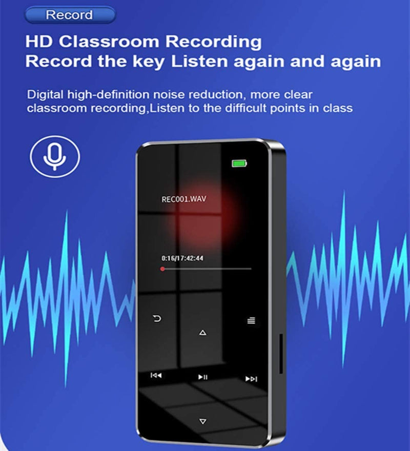 [AUSTRALIA] - 64GB MP3 Player with Bluetooth 5.0 2.0 inch Screen Touch Button Portable Hi-Fi Lossless Music Player Speaker with FM Radio Recorder Alarm Clock Pedometer Wired Headphone Support Card (Black) 