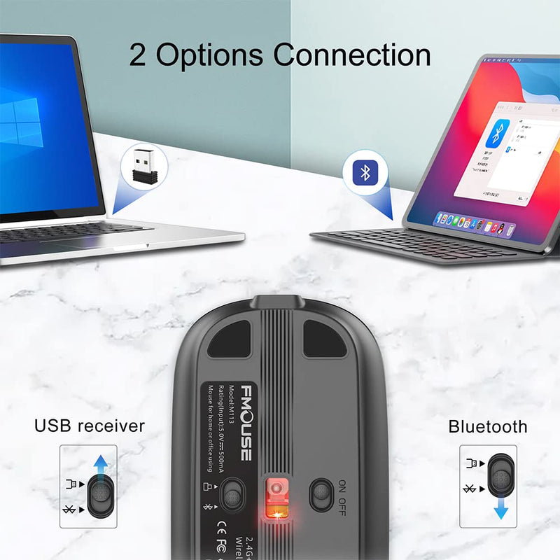 FMOUSE Silent Wireless Mouse, Slim Silent Mouse with USB Receiver, Wireless & Bluetooth 5.1 Dual Mode 2400 DPI, Quick Mute & Desktop Return Button, Rechargeable Mice for PC, Laptop, Desktop (Grey) Grey