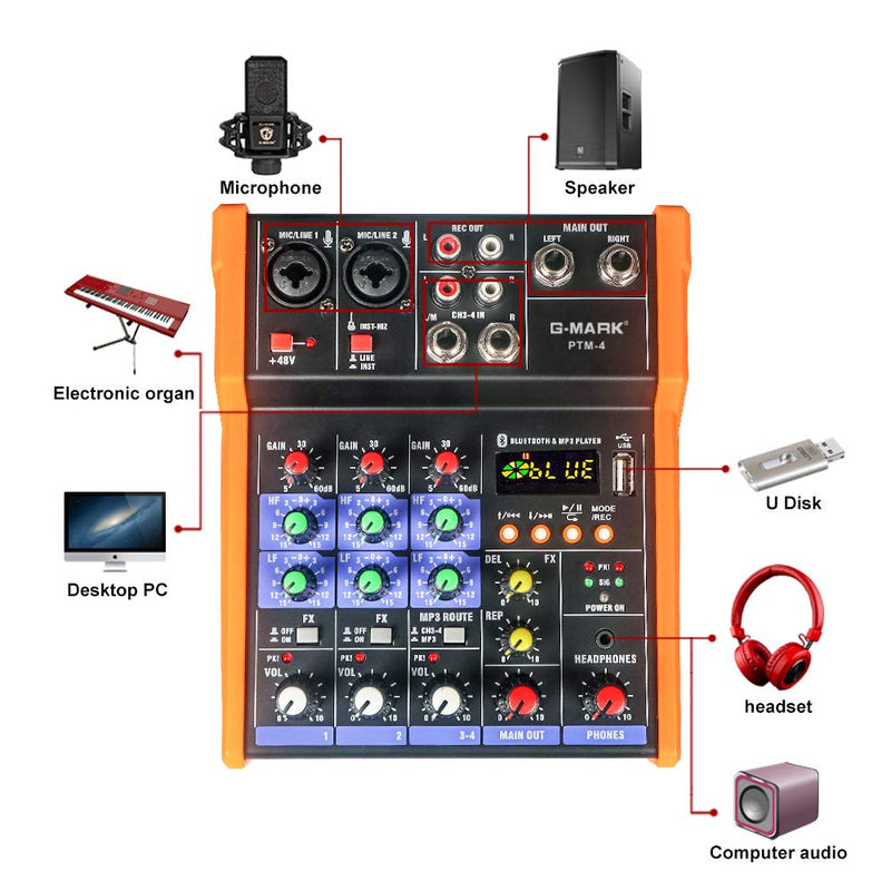 G-MARK Analog Mixer Audio 4 Channel DJ Audio Mixer Bluetooth Studio Karaoke For PC Live Performance KTV Home Stage Music Effects Sound Card Protable Mixing Console PTM-4