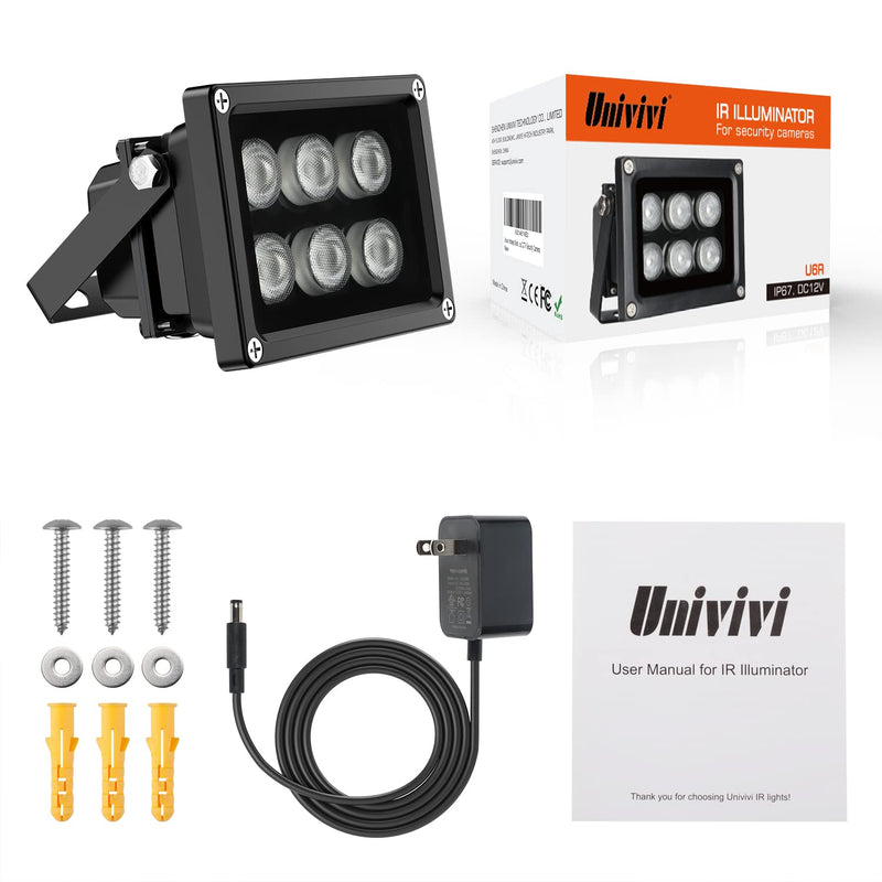 Univivi Infrared Illuminator, 850nm 6 LEDs 90 Degree Wide Angle IR Illuminator for Night Vision, Waterproof LED Infrared Light for CCTV Security Camera, with Power Adapter, Black Black-6W