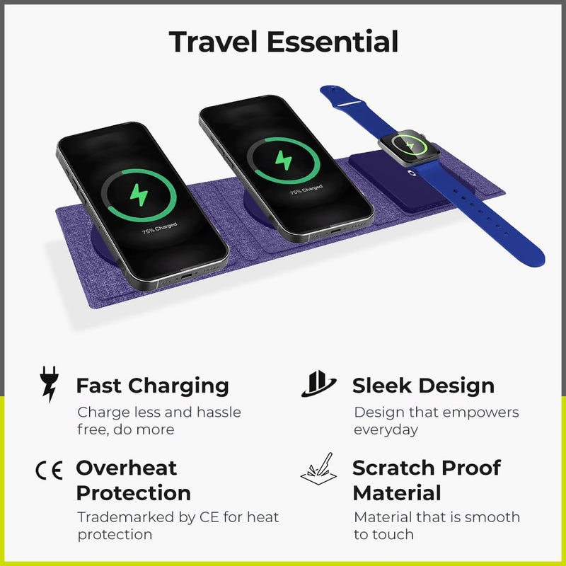 ZTAR 3-in-1 Wireless Travel Charger for iPhone 16/15/14/13/12, Samsung Galaxy with Wireless Capabilities, Earbuds & Apple Watch, Portable Foldable MagSafe Charging Pad for Multiple Devices PURPLE