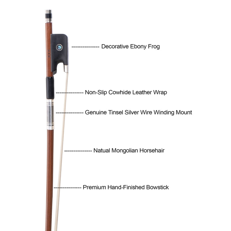 MI&VI AB-530 Classic Brazilwood Viola Bow for 14"-17" Violas (Full Size) with Bow Case Included | Well Balanced | Ebony Frog | Silver Mount | Mongolian Horse Hair - MIVI Music
