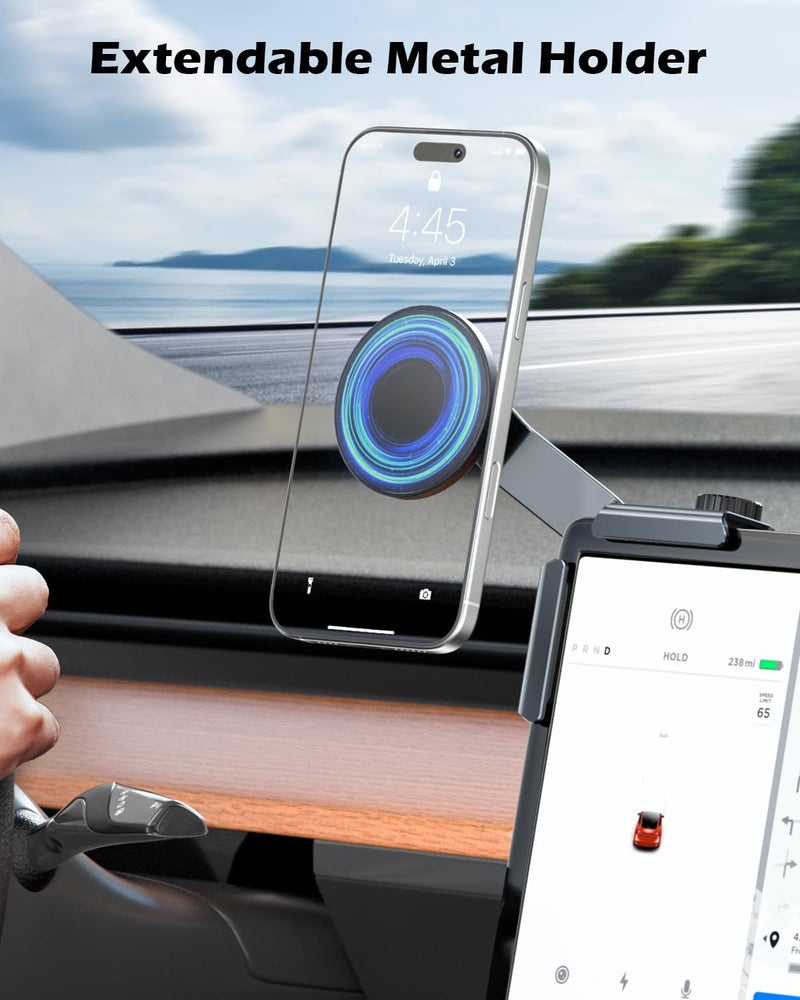 CloudValley Upgrade Phone Mount Car Holder for Tesla Model Y/3 | 【Extendable Metal Holder】 Design for MagSafe Car Accessories for iPhone, Magnetic Phone Holders, Strong Magnet for 3/Y/S/X Magnetic Mount-Black