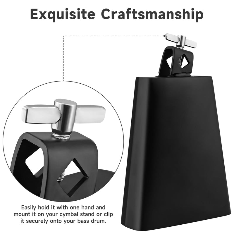 6 Inch Cowbell and Cowbell Clamp, Cowbell Holder Percussion Accessory for Drum Sets, Adjustable Standard Cowbell Mount Holder, Bass Drum Hoop Up or Down Drum Key