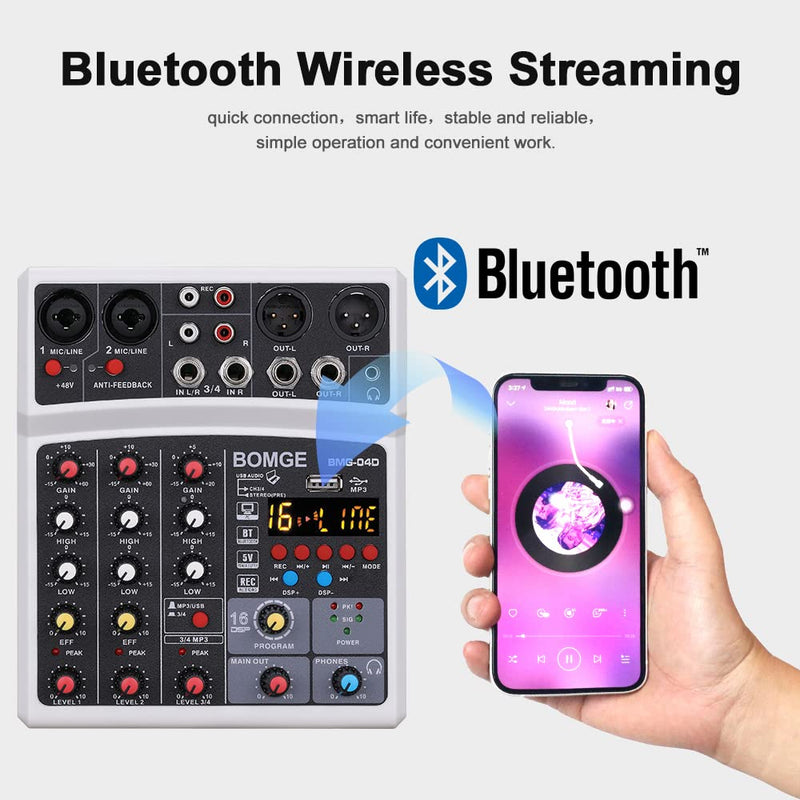 [AUSTRALIA] - BOMGE 4 Channel dj Bluetooth Audio Mini Mixer with Effects, USB Interface, Stereo Recording, 48V Phantom Power for PC,phone(White) white 