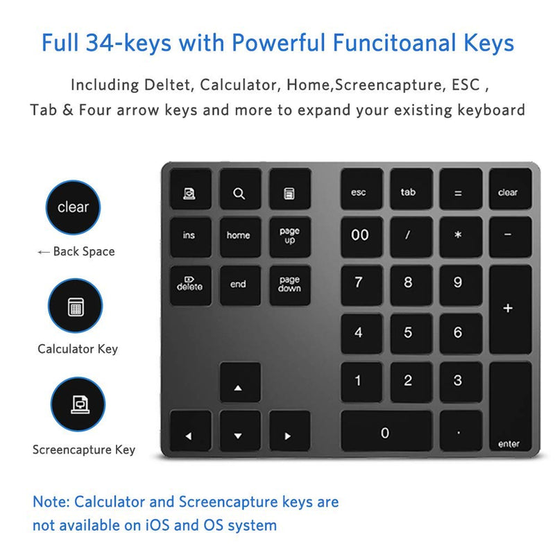 [AUSTRALIA] - Bluetooth Number Pad, Wireless Numeric Keypad, USB-C Rechargeable External 34-Keys Numpad, Financial Data Entry Keyboard for iMac, MacBook Air/Pro, PC Desktop, Laptop Notebook A-Black 