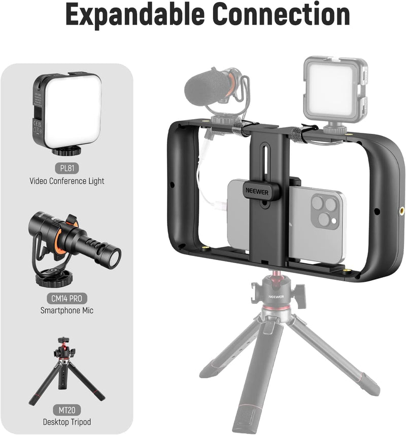 NEEWER Smartphone Video Rig, Phone Grip Stabilizer Vlogging Cage with Cold Shoe&1/4” Thread, Video Recording Filming Rig Compatible with iPhone 14 Plus/Pro Max 13 Mini/Pro Max X XS Max XR Android