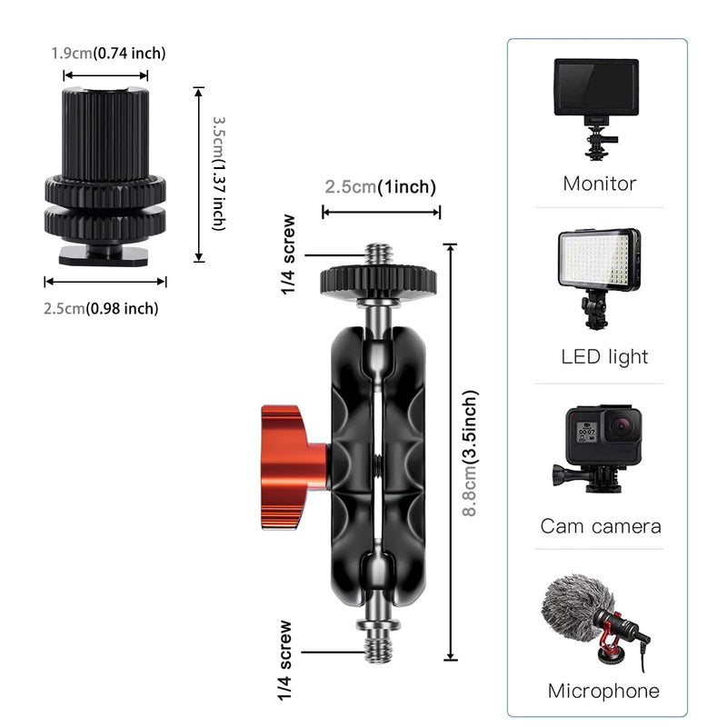 Mini Magic Arm Multi-Function Double Ball Head with Cold Shoe Mount and 1/4’’-20 Screw for Monitor, LED Light, Microphone, Max Load up to 2kg/4.4lb - 2 Pieces
