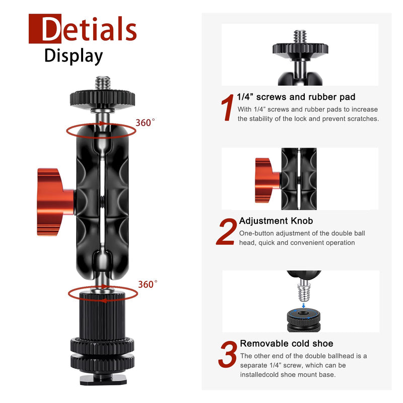 Mini Magic Arm Multi-Function Double Ball Head with Cold Shoe Mount and 1/4’’-20 Screw for Monitor, LED Light, Microphone, Max Load up to 2kg/4.4lb - 2 Pieces