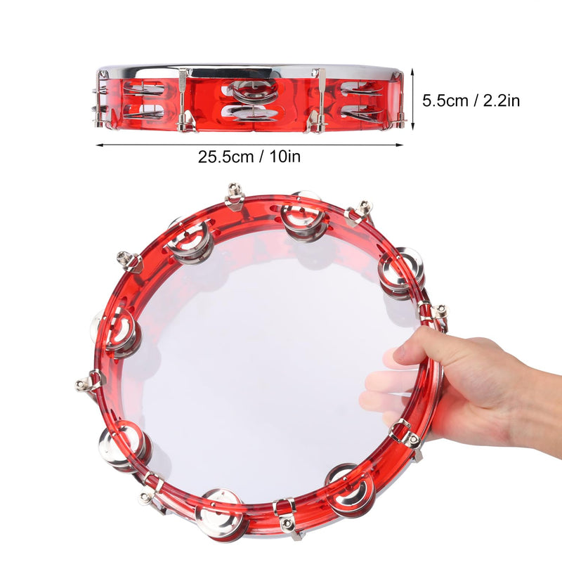 10 Inch Red Adjustable Tambourine, Musical Percussion Instrument Drum with Double Metal Jingles, Hand Held Tambourine for Adults, Church, Birthday, Party, Live Show