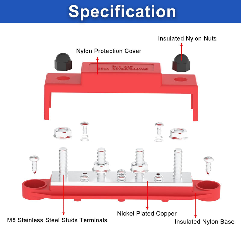 Upgraded Bus Bar 250A 12V Power Distribution Block with 5/16" (M8) 4-Posts Terminals Block with Cover for Automotive, Marine, Battery System (Black & Red) Upgrade250A-5/16''(M8) Black & Red