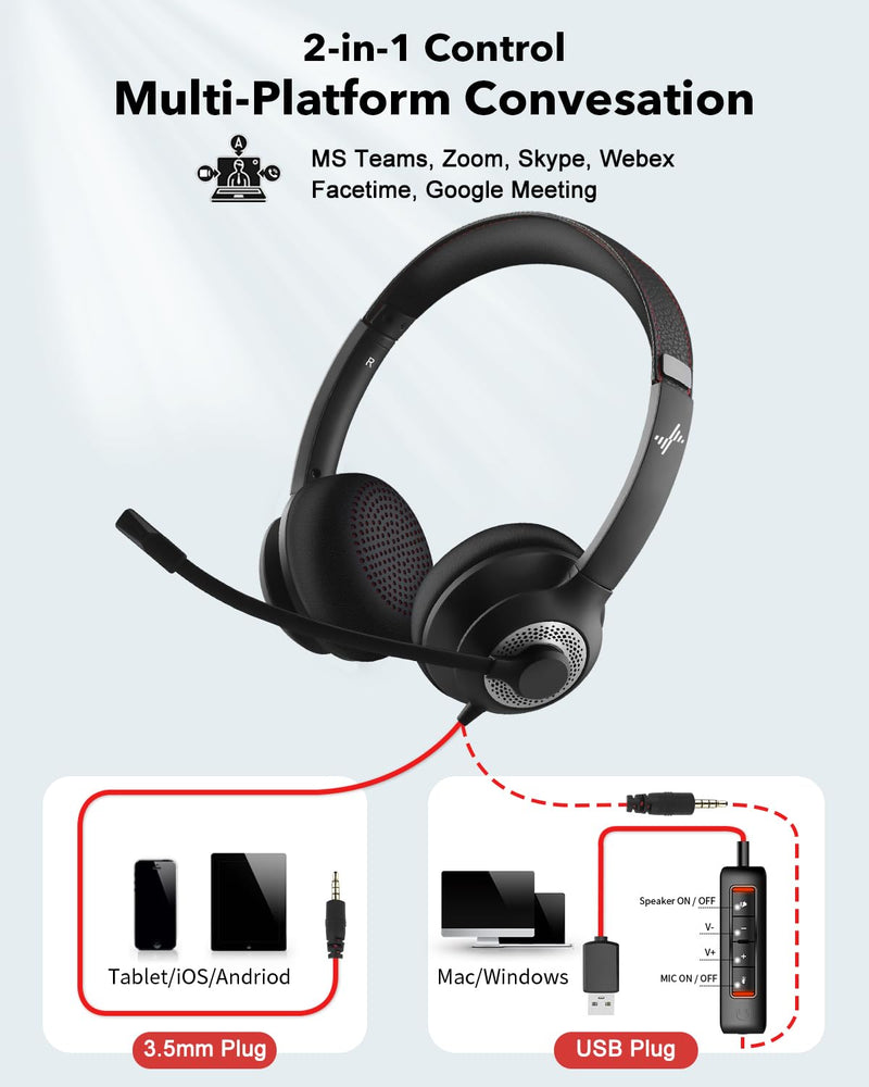 [AUSTRALIA] - JIAMQISHI USB Headset with Microphone for PC, On-Ear Computer Laptop Headphones with Noise Cancelling Microphone in-line Control for Home Office Online Class Skype Zoom (USB+3.5mm, Black) USB+3.5mm 