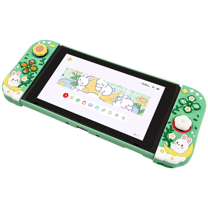 Protective Case for Nintendo Switch, Hard Back Shell + 2 Silicone Ergonomic Controller Covers + 2 Thumb Grips Caps, Cute Rabbit and Flower Cover, Green For Switch