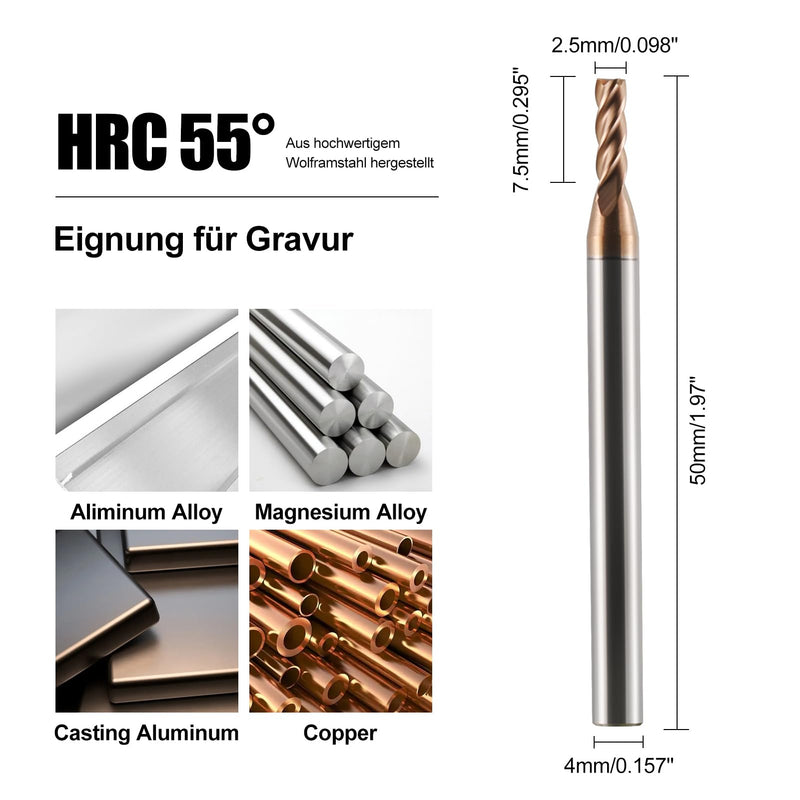 CNC Milling Cutter 2.5 mm Carbide AlTiN 55HRC 4 Flute for Roughing/Finishing Solid Carbide End Mills Tungsten Carbide Pack of 5 D2.5x7.5xD4x50L