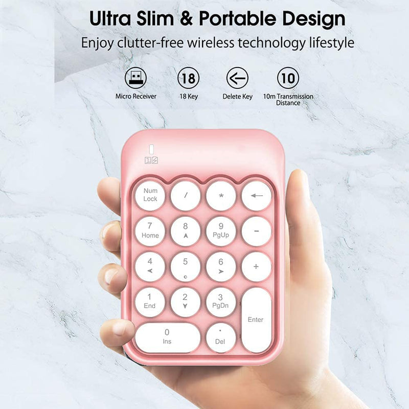 Wireless Numeric Keypad 18 Keys with 2.4G Mini Portable Silent Number Pad USB Receiver Financial Accounting Keyboard Extensions for Laptop Desktop PC Pro（Pink） Pink