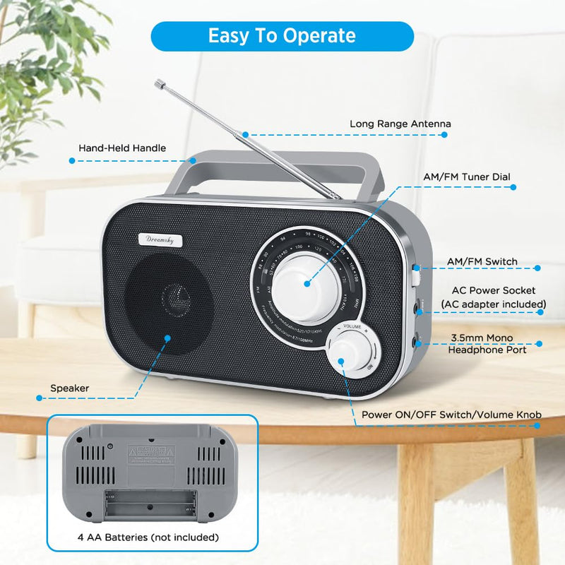DreamSky AM FM Portable Radio Plug In Wall or Battery Operated for Home & Outdoor, Strong Reception & Sound, Large Dial Easy to Use, Transistor Antenna, Headphone Jack, Small Gifts for Seniors Elderly Grey