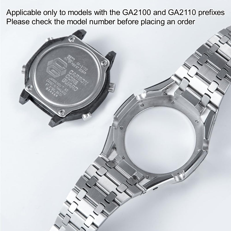 GA2100 Stainless Steel Watch Band Case Mod Kit, Smooth Bezel without Nails Metal Strap Accessories Compatible with Casio Mens G-Shock GA2100/GA-2110 Watches Silver