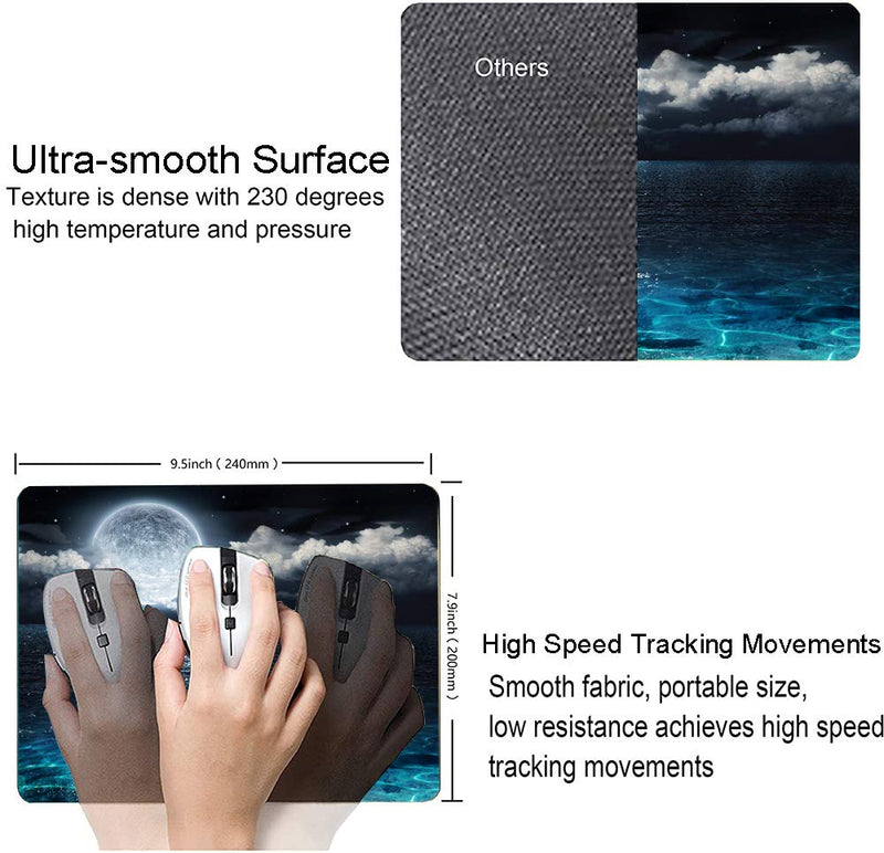 Ocean and Moon Mouse Pad, Moon Illuminating The Clear Blue Ocean Design Mouse Pad, Mouse Mat Square Waterproof Mouse Pad Non-Slip Rubber Base MousePads for Computer Laptop Men Women Kids Ocean and Moon