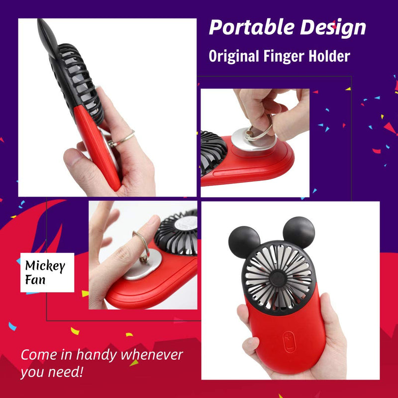 DecoLife Cute Personal Mini Fan, Handheld & Portable USB Rechargeable Fan with Beautiful LED Light, 3 Adjustable Speeds, Portable Holder, Perfect for Indoor Or Outdoor Activities, Cute Mouse Red