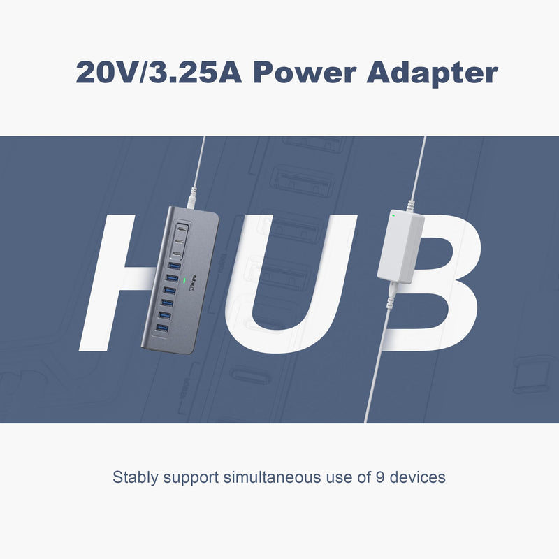 Powered USB Hub 10Gbps, intpw YH6AC 9-Port USB Splitter with USB A/USB C 3.2, 4 USB 3.0, 2 PD 45W Charging Ports, 65W Power Adapter + 3.3FT Cable, Aluminum USB Extender Hub for Laptop, PC,iPhone 17/16 Gray 9 Port