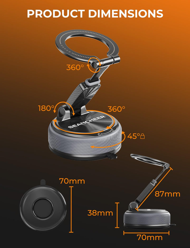 SEANCHEER Detachable 2-in-1 Magnetic Phone Holder for Car, Car Phone Mount | 360° Adjustable Suction Cup Phone Mount for MagSafe Cell Phone Holders for Your Car Dashboard & Windshield, for iPhone 17‑12 Single Head Dual Base