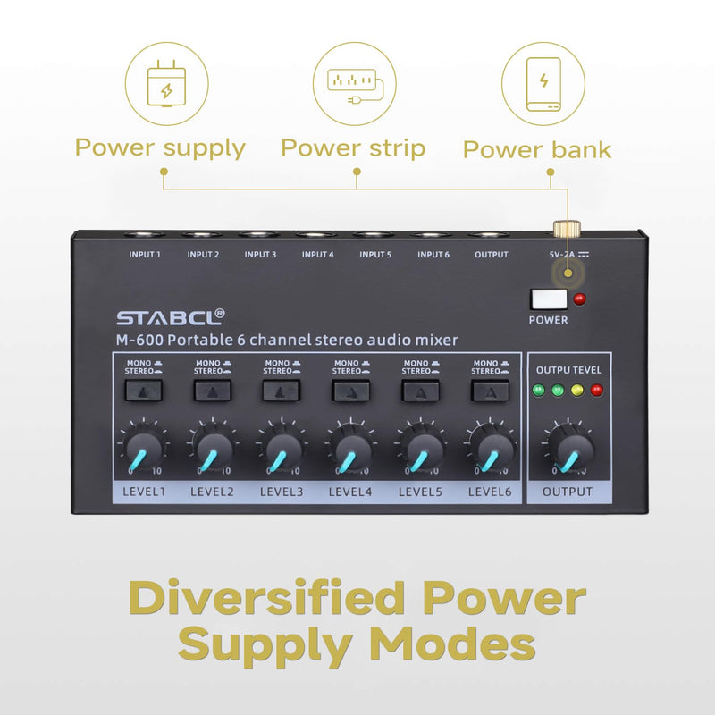 Mini 6-Channel Audio Mixer with 7 pcs 6.35mm to 3.5mm Adapter Jack, Stereo Line Mixer for Sub-Mixing, Multi-Input (Mic/Guitar/Keyboard/Bass), Powered by 5V DC