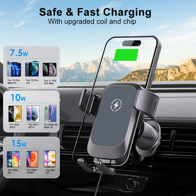 Wireless Car Charger, Auto-Clamping Air Vent Mount Car Phone Holder - 15W/10W/7.5W Fast Charging Compatible with iPhone 17/16/15/14/13/13 Pro/12 Pro Max/12 Pro/12 & Samsung Galaxy, Gift for Men Women Grey