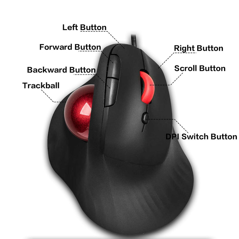 JOMAA Wired Trackball Mouse – 6-Button Ergonomic Design with CPI Switch (400/800/1200/1600), Red LED Indicator, 250Hz Polling Rate, Plug & Play, for PC, Laptop, Desktop (Red)